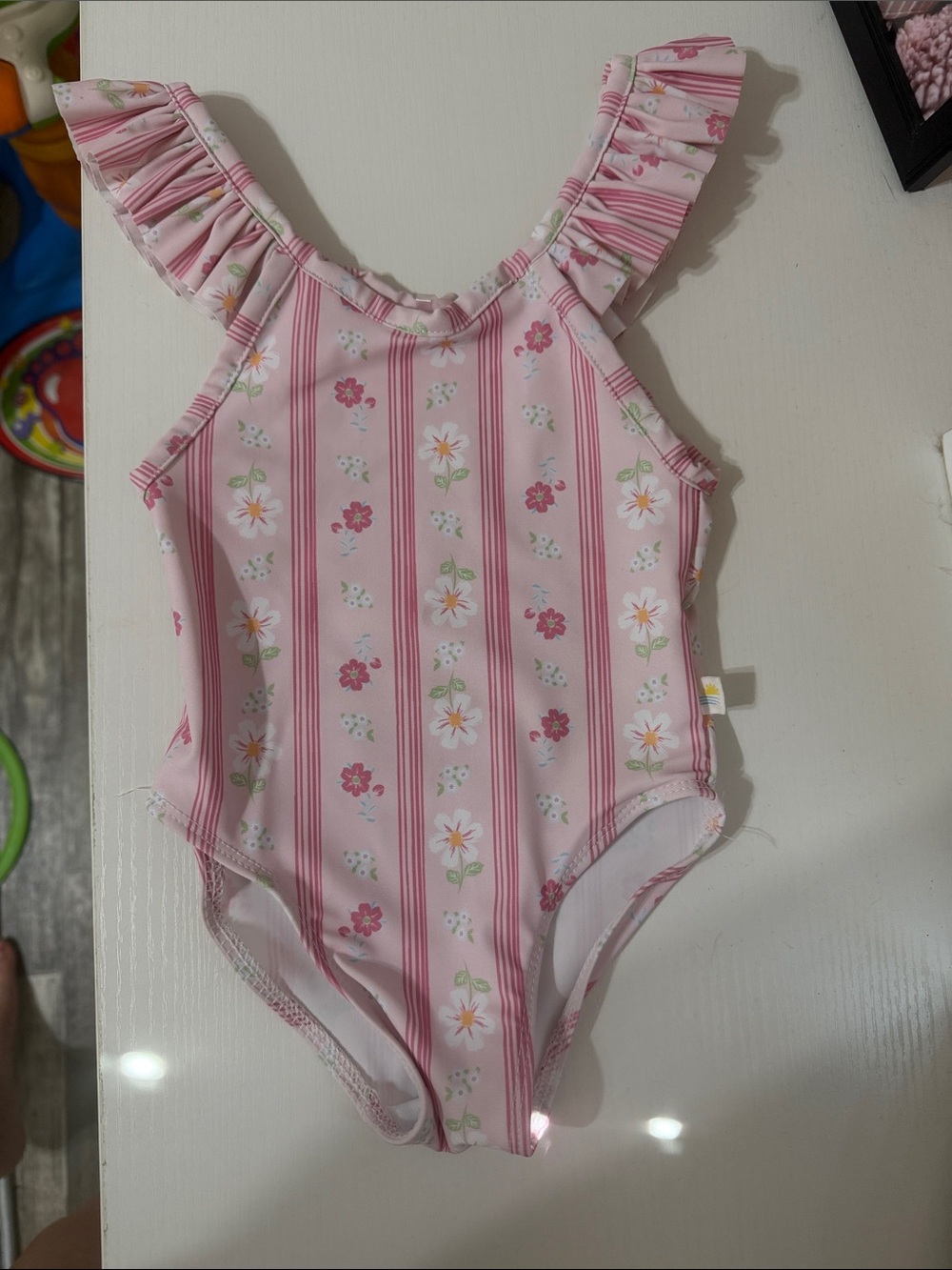 chick pea Pink Floral Stripe Ruffle-Shoulder One-Piece Swimsuit